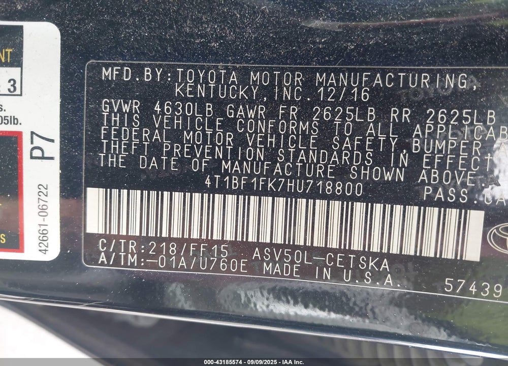 2017 TOYOTA CAMRY VIN: 4T1BF1FK7HU718800