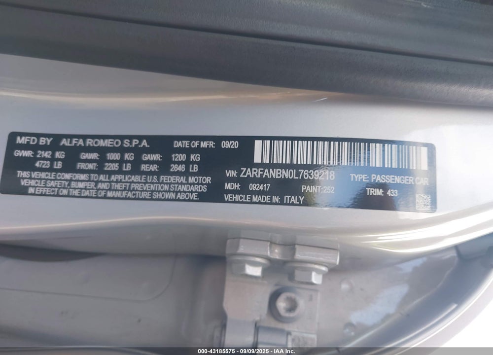 2020 ALFA ROMEO GIULIA VIN: ZARFANBN0L7639218