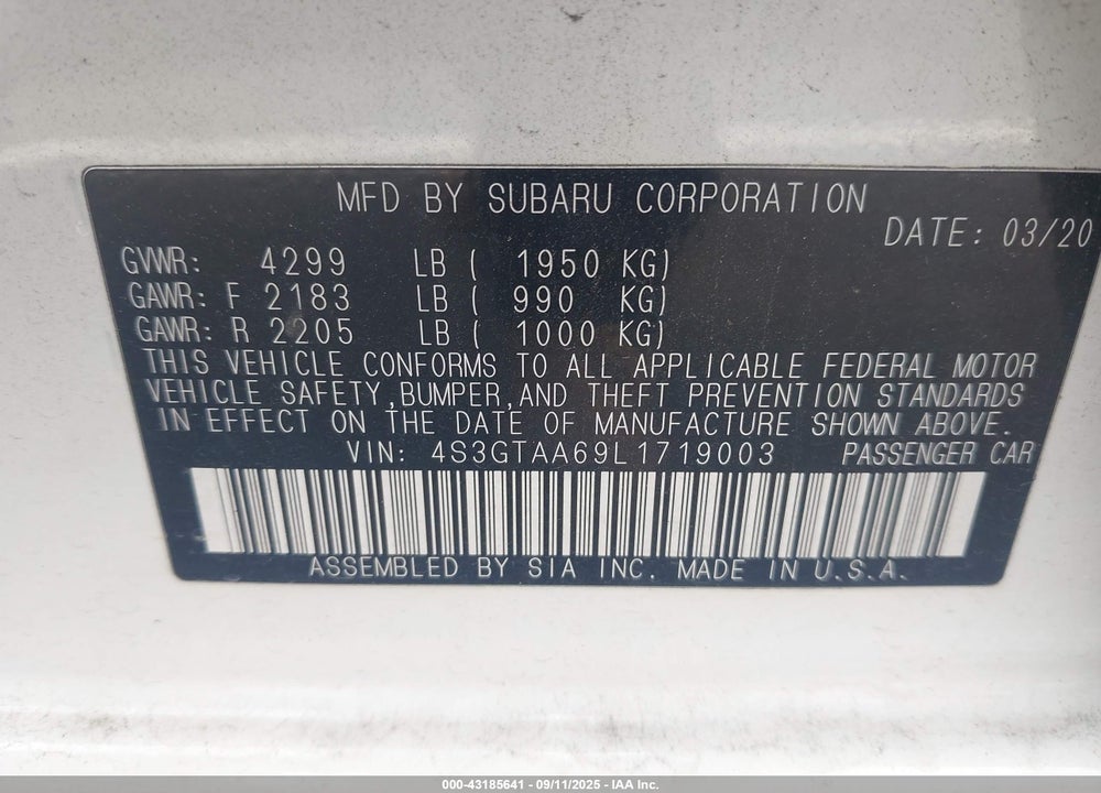 2020 SUBARU IMPREZA VIN: 4S3GTAA69L1719003