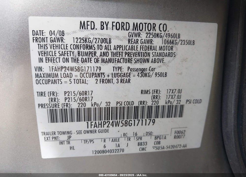 2008 FORD TAURUS SEL VIN: 1FAHP24W58G171179