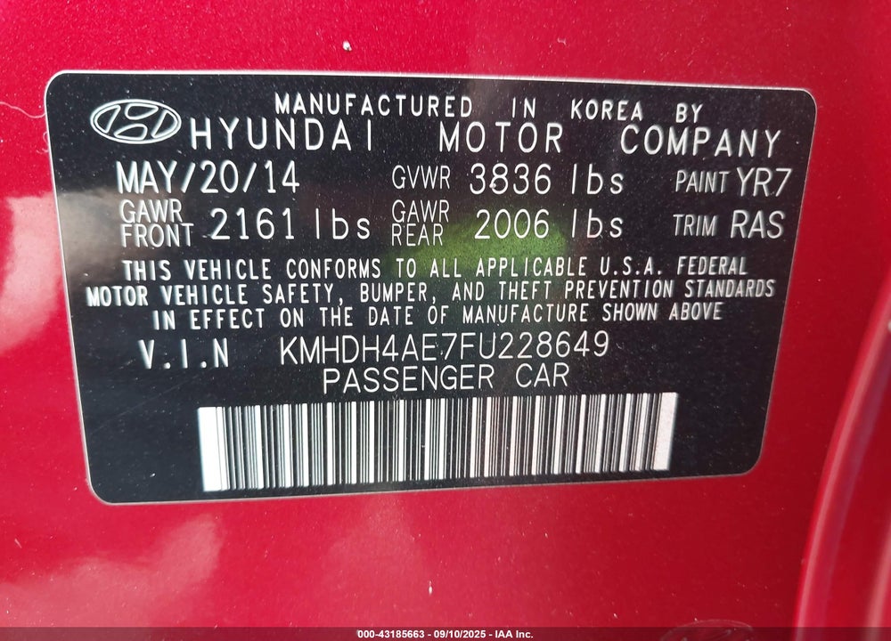 2015 HYUNDAI ELANTRA SE VIN: KMHDH4AE7FU228649