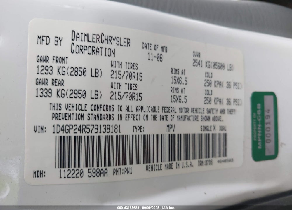 2007 DODGE GRAND CARAVAN SE VIN: 1D4GP24R57B138181