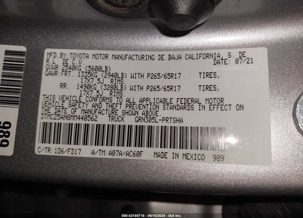 2021 TOYOTA TACOMA TRD SPORT VIN: 3TMCZ5AN8MM440562