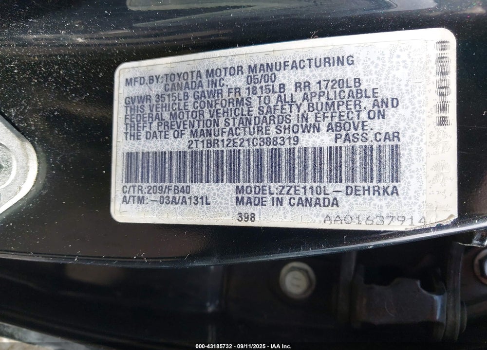 2001 TOYOTA COROLLA CE VIN: 2T1BR12E21C388319