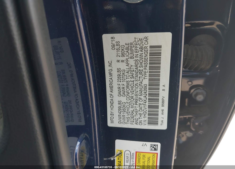 2018 HONDA ACCORD VIN: 1HGCV1F4XJA242693