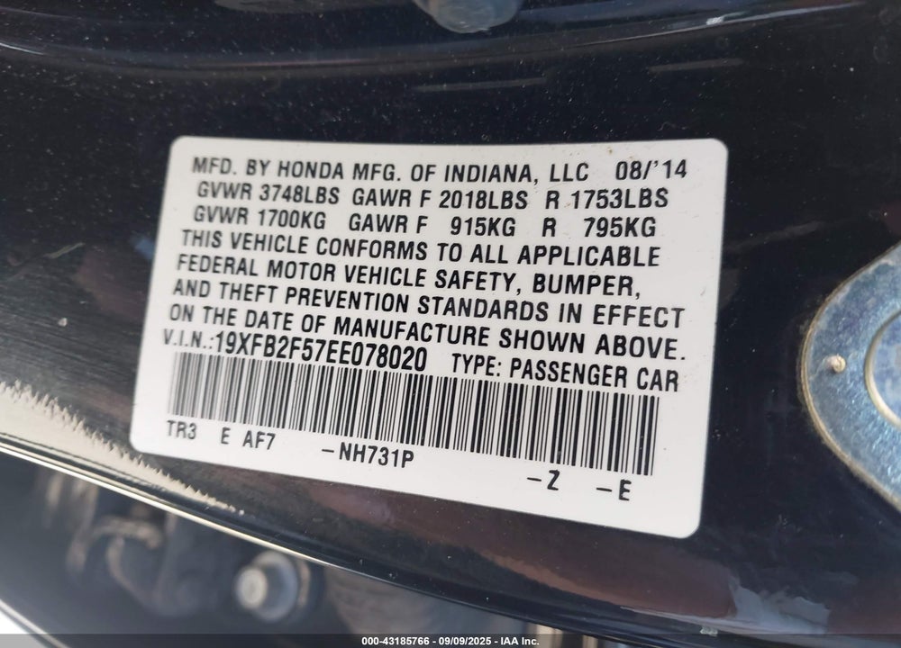 2014 HONDA CIVIC VIN: 19XFB2F57EE078020