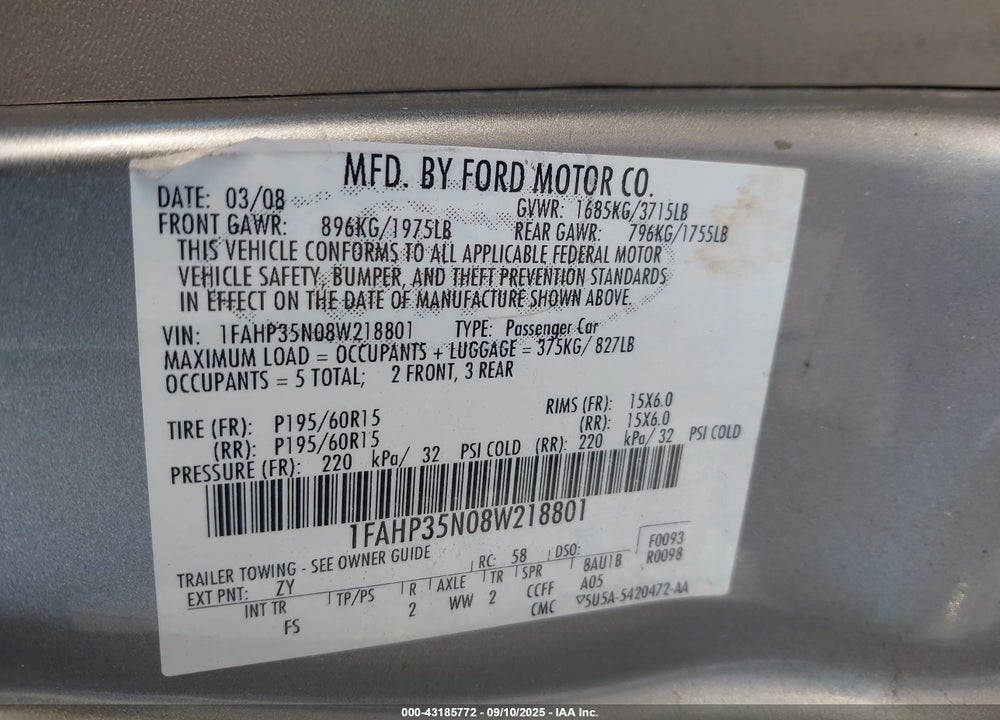 2008 FORD FOCUS SE/SES VIN: 1FAHP35N08W218801