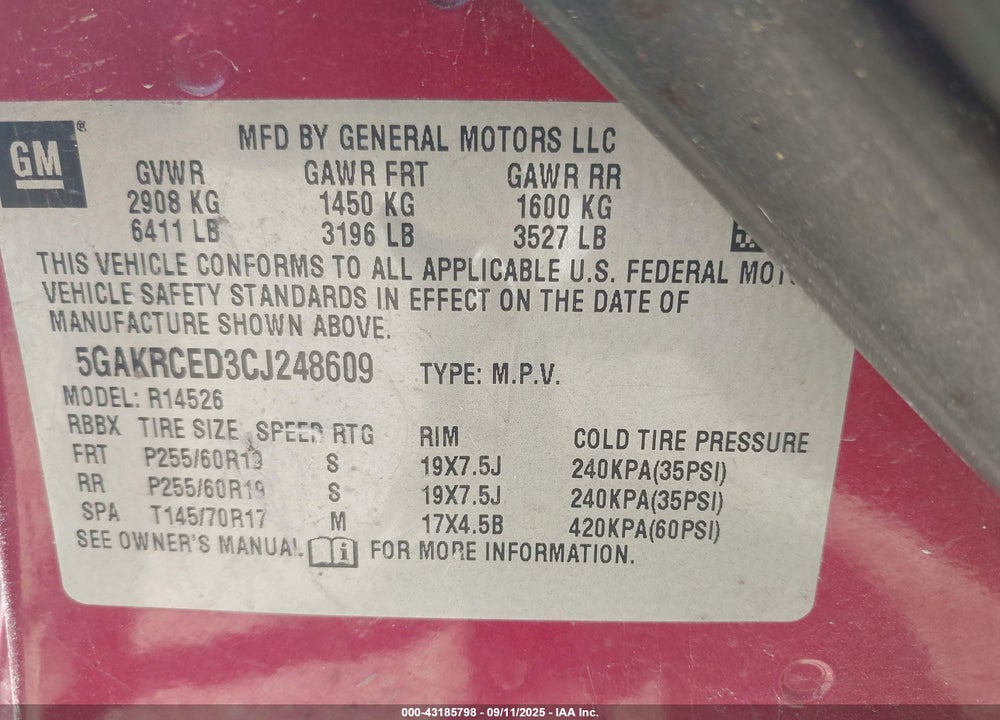 2012 BUICK ENCLAVE VIN: 5GAKRCED3CJ248609