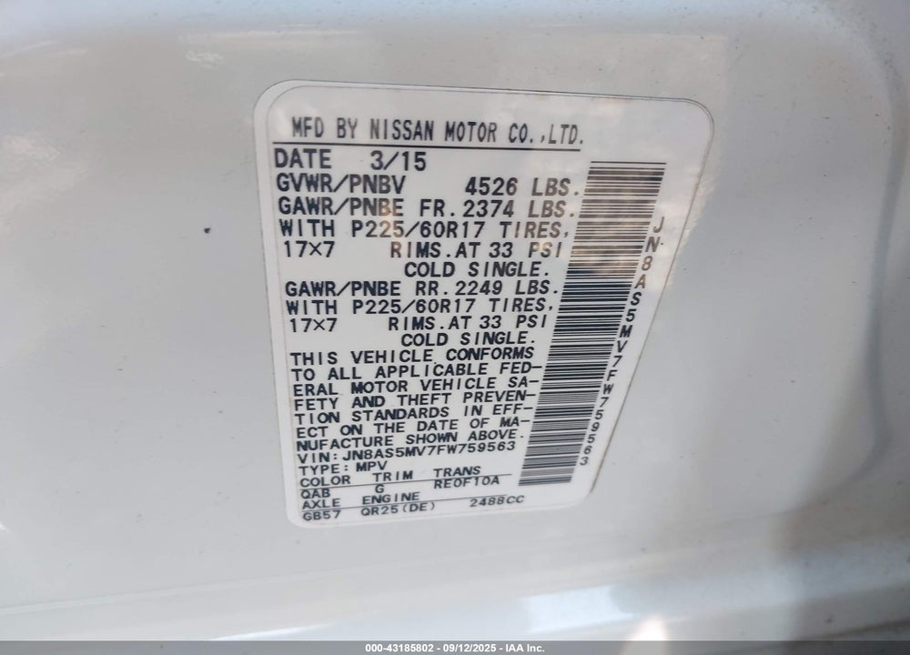2015 NISSAN ROGUE VIN: JN8AS5MV7FW759563