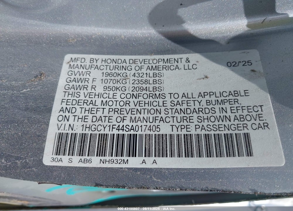 2025 HONDA ACCORD SE VIN: 1HGCY1F44SA017405