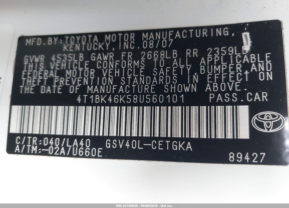 2008 TOYOTA CAMRY VIN: 4T1BK46K58U560101