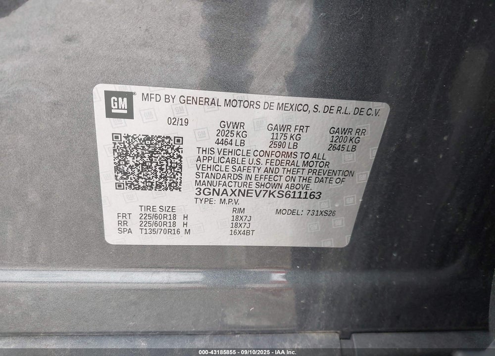 2019 CHEVROLET EQUINOX VIN: 3GNAXNEV7KS611163