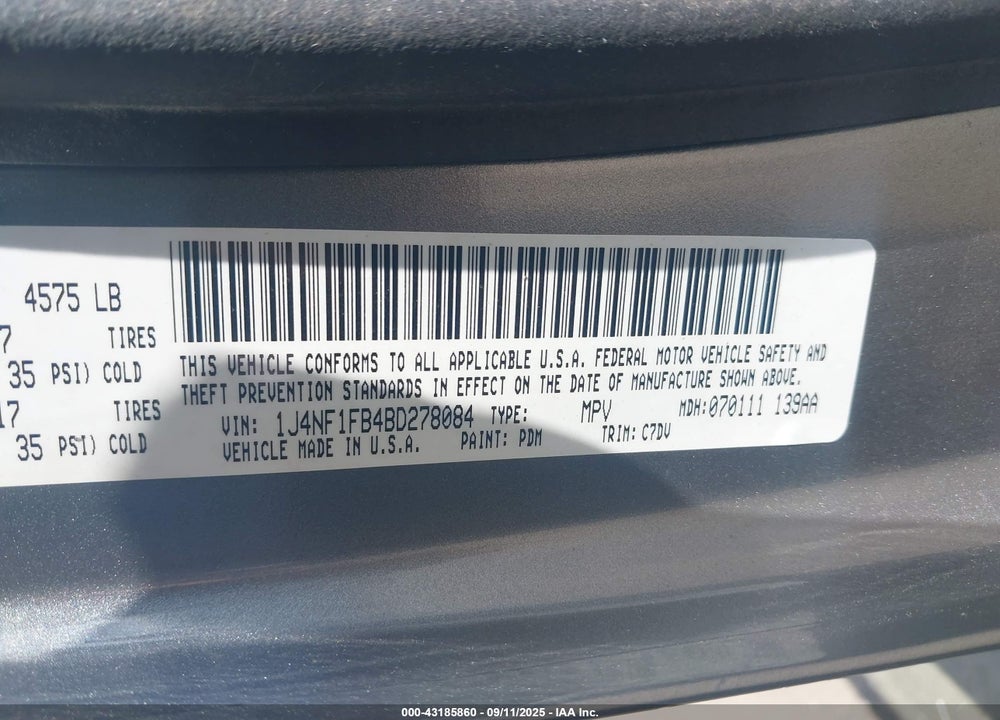 2011 JEEP COMPASS VIN: 1J4NF1FB4BD278084