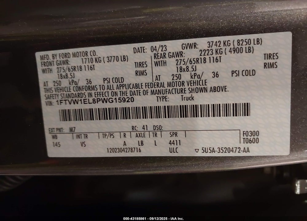 2023 FORD F-150 LIGHTNING VIN: 1FTVW1EL8PWG15920