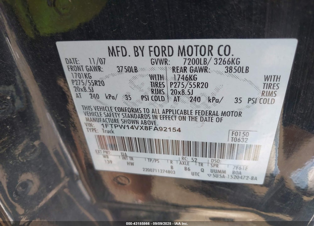 2008 FORD F-150 VIN: 1FTPW14VX8FA92154