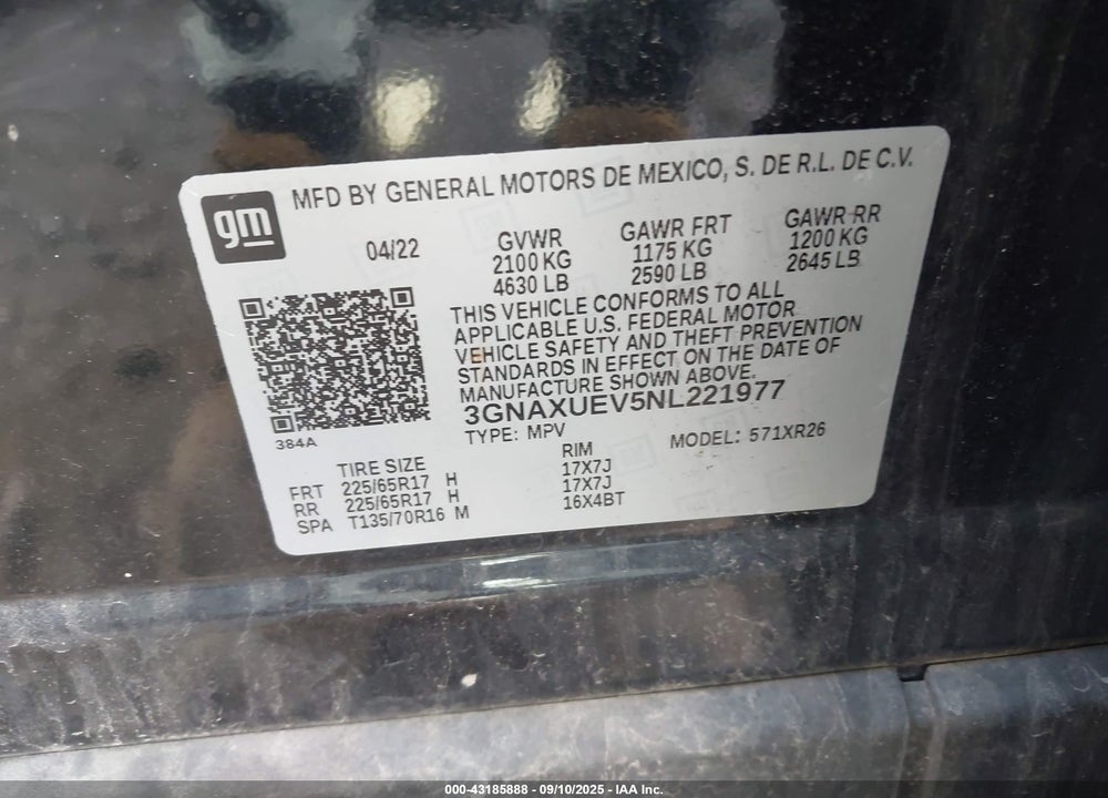 2022 CHEVROLET EQUINOX VIN: 3GNAXUEV5NL221977