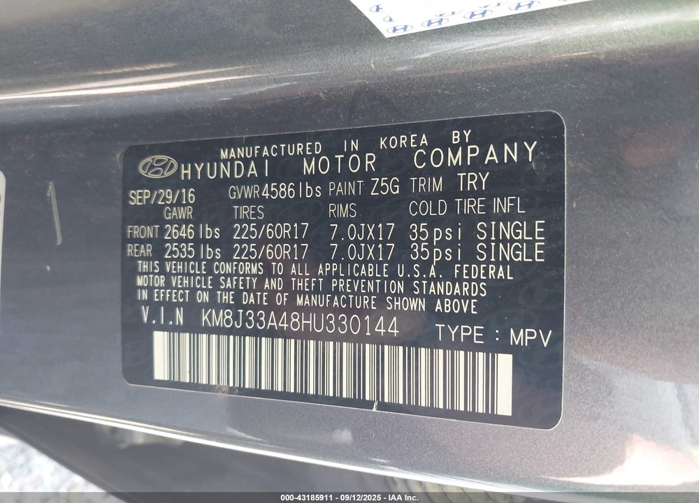 2017 HYUNDAI TUCSON VIN: KM8J33A48HU330144