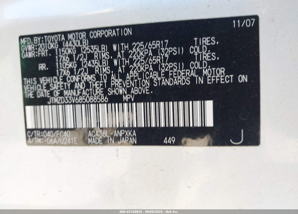2008 TOYOTA RAV4 VIN: JTMZD33V685088586