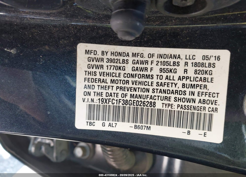2016 HONDA CIVIC VIN: 19XFC1F38GE026288