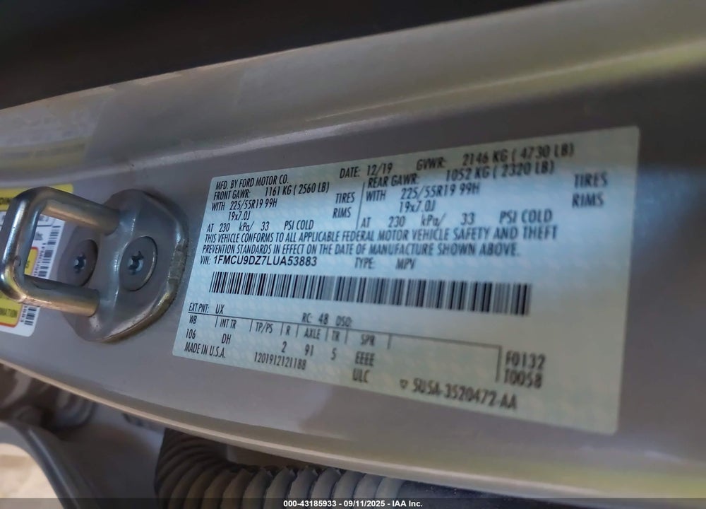 2020 FORD ESCAPE VIN: 1FMCU9DZ7LUA53883