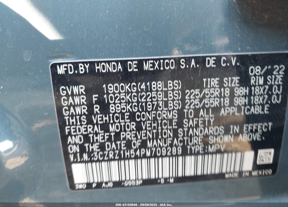 2023 HONDA HR-V 2WD SPORT VIN: 3CZRZ1H54PM709289