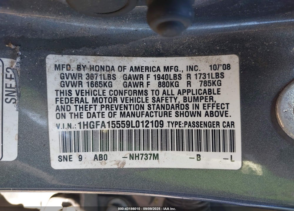 2009 HONDA CIVIC VIN: 1HGFA15559L012109