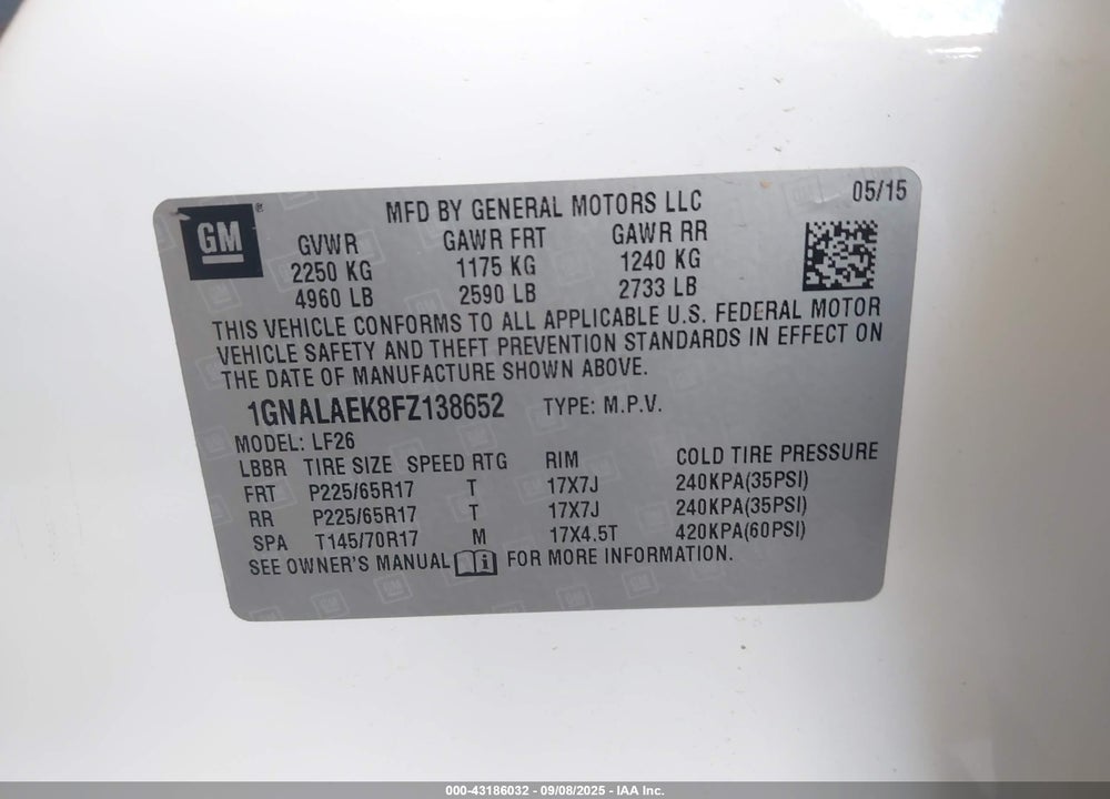 2015 CHEVROLET EQUINOX VIN: 1GNALAEK8FZ138652