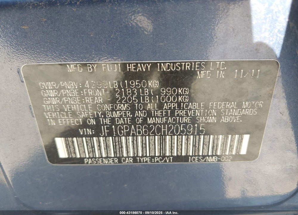 2012 SUBARU IMPREZA VIN: JF1GPAB62CH205915