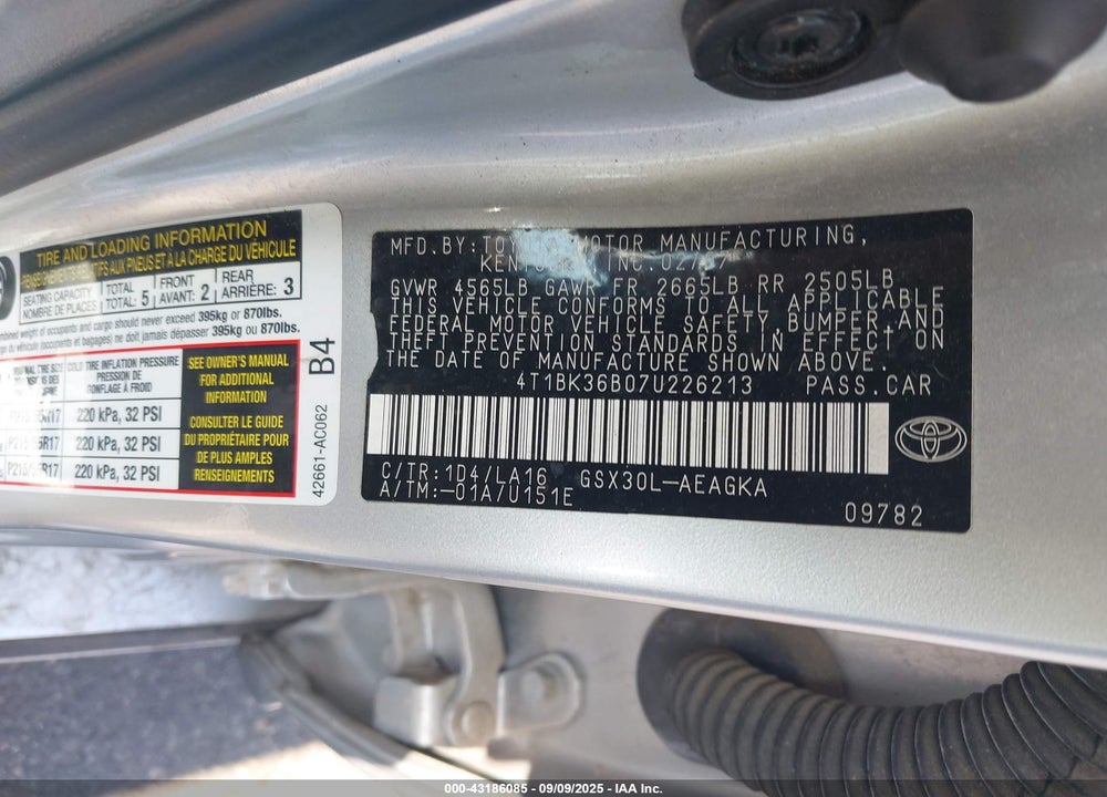 2007 TOYOTA AVALON VIN: 4T1BK36B07U226213