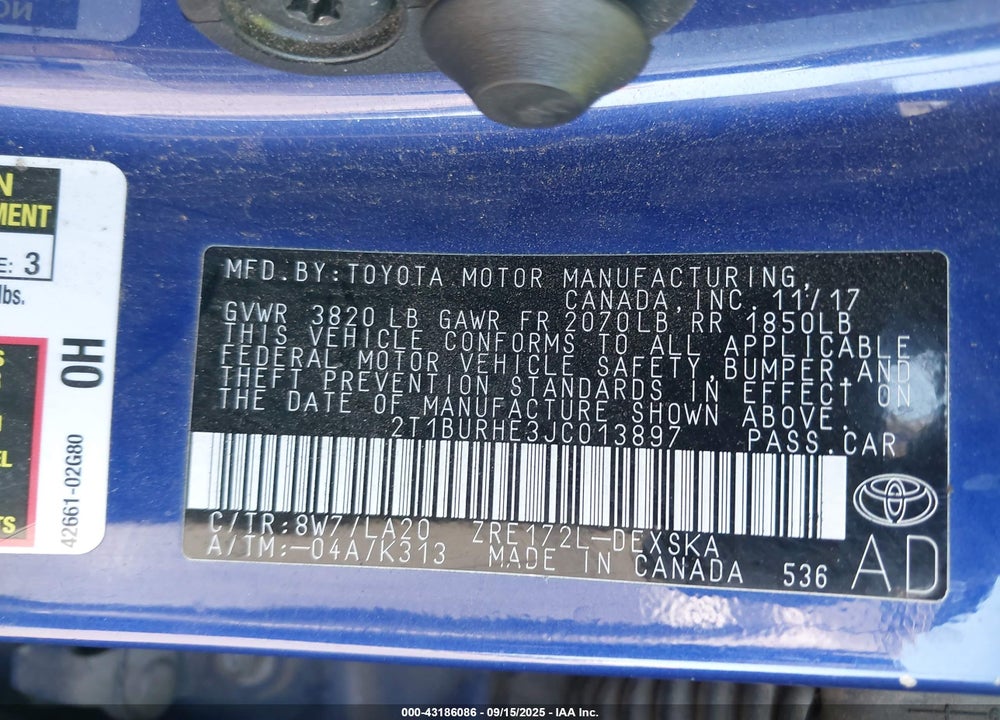 2018 TOYOTA COROLLA VIN: 2T1BURHE3JC013897