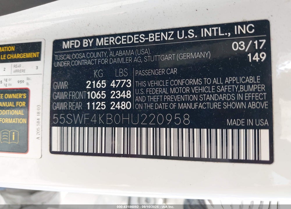2017 MERCEDES-BENZ C CLASS VIN: 55SWF4KB0HU220958