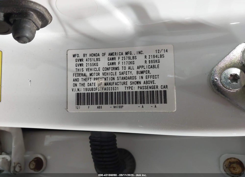 2015 ACURA TLX V6 TECH VIN: 19UUB3F55FA003531