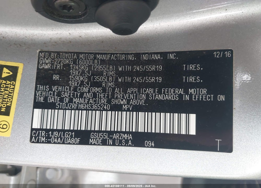 2017 TOYOTA HIGHLANDER VIN: 5TDJZRFH6HS365240