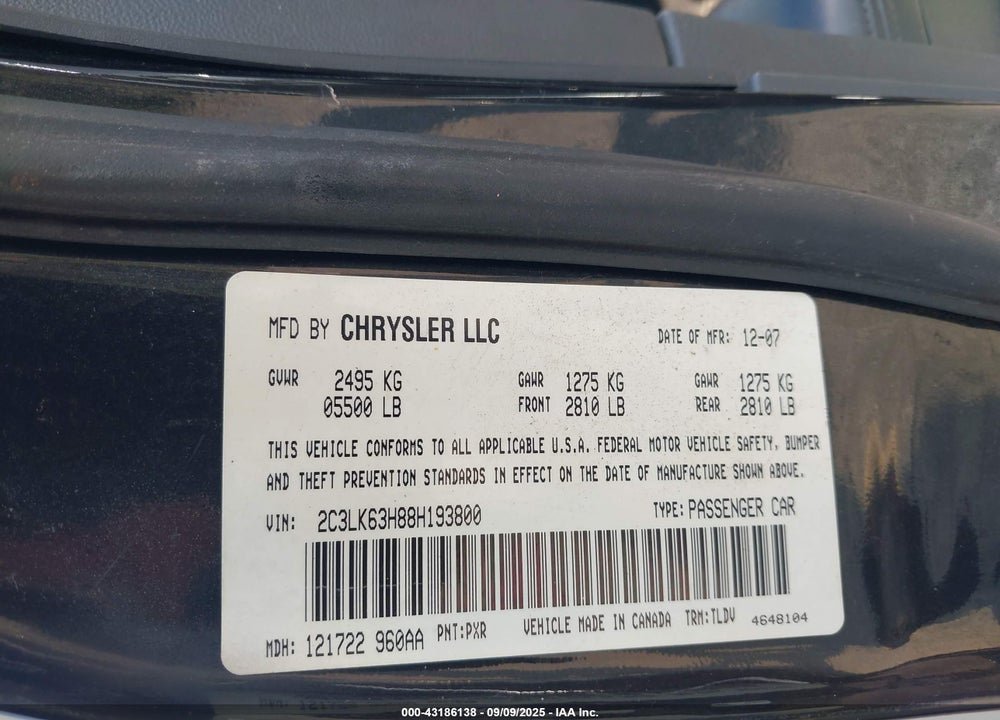 2008 CHRYSLER 300C VIN: 2C3LK63H88H193800