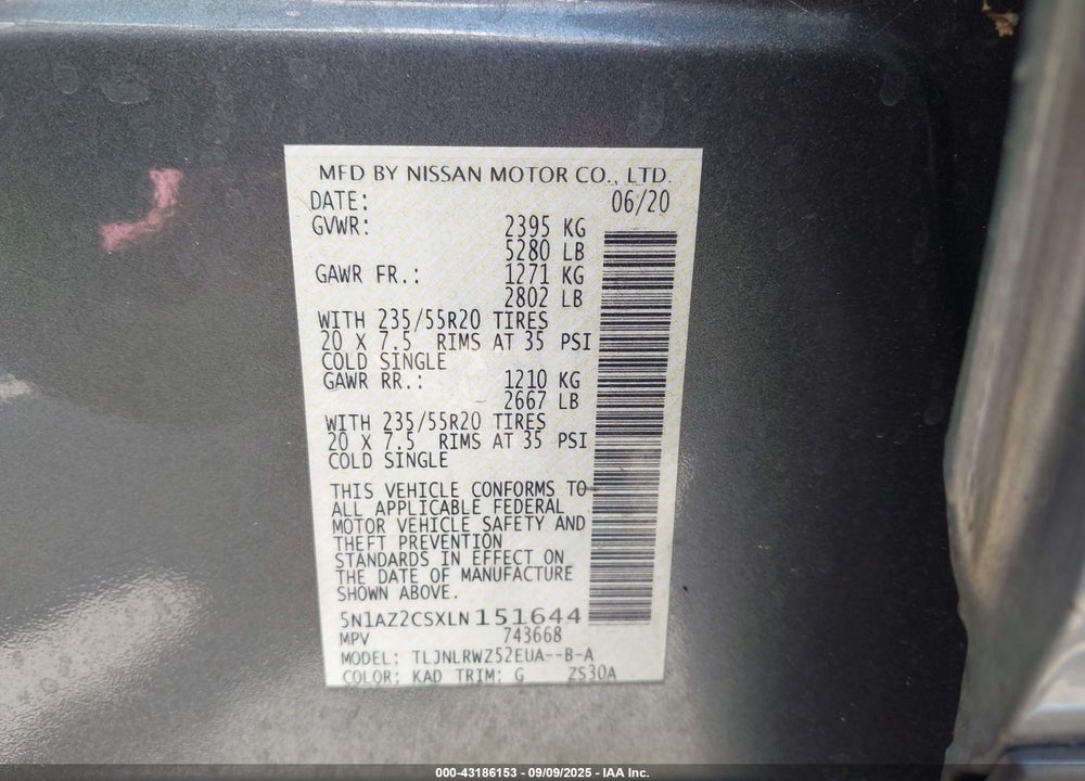 2020 NISSAN MURANO VIN: 5N1AZ2CSXLN151644