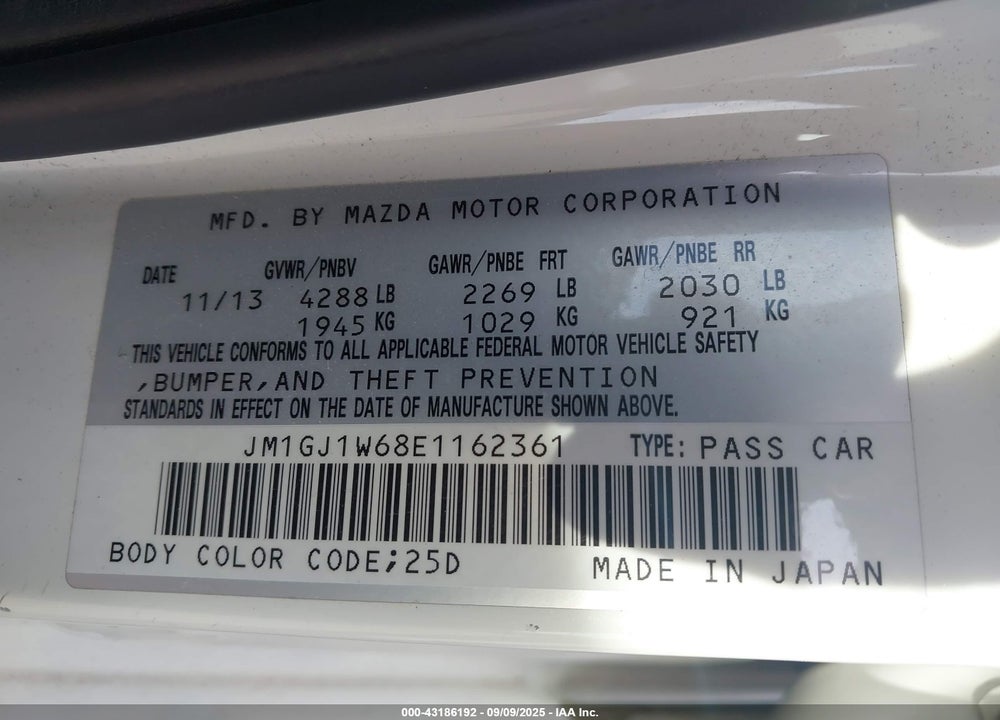 2014 MAZDA 6 VIN: JM1GJ1W68E1162361