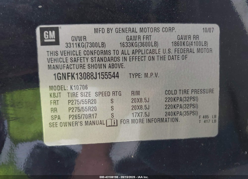 2008 CHEVROLET TAHOE LTZ VIN: 1GNFK13088J155544