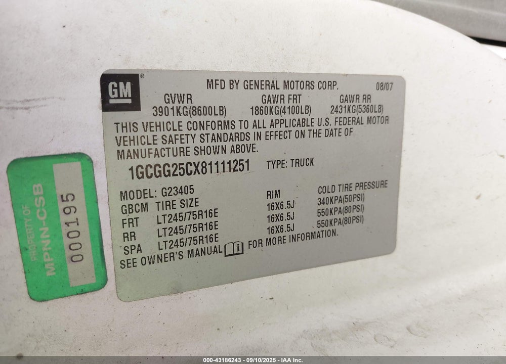 2008 CHEVROLET EXPRESS WORK VAN VIN: 1GCGG25CX81111251