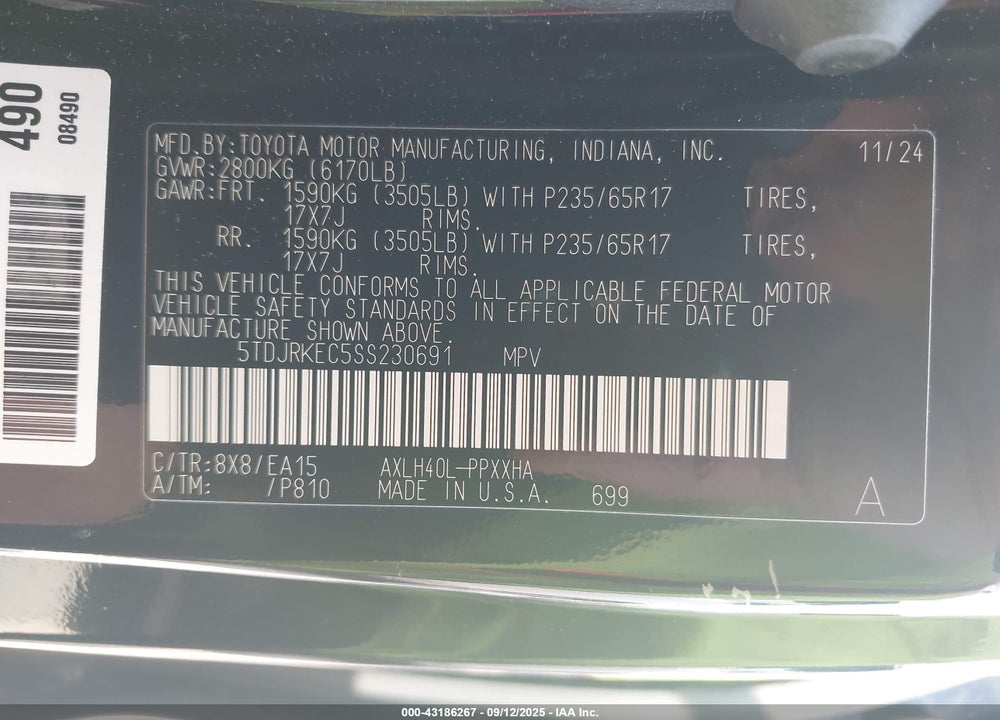 2025 TOYOTA SIENNA VIN: 5TDJRKEC5SS230691