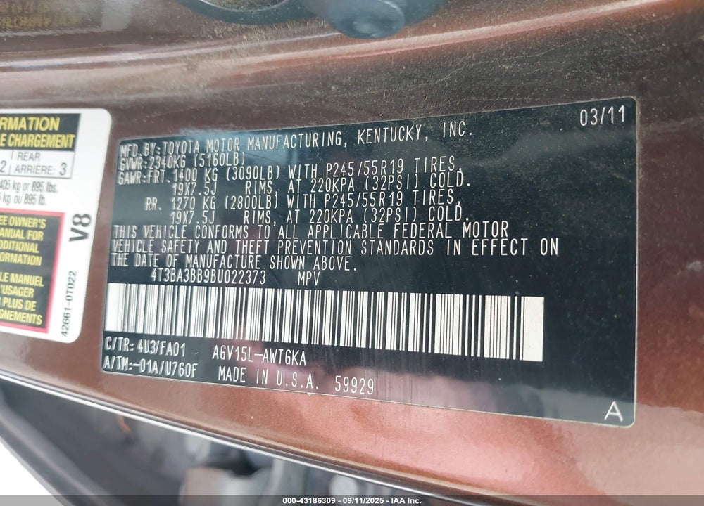 2011 TOYOTA VENZA VIN: 4T3BA3BB9BU022373