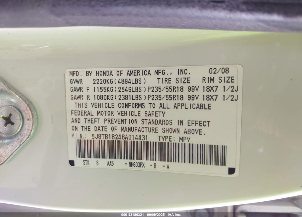 2008 ACURA RDX VIN: 5J8TB18248A014431