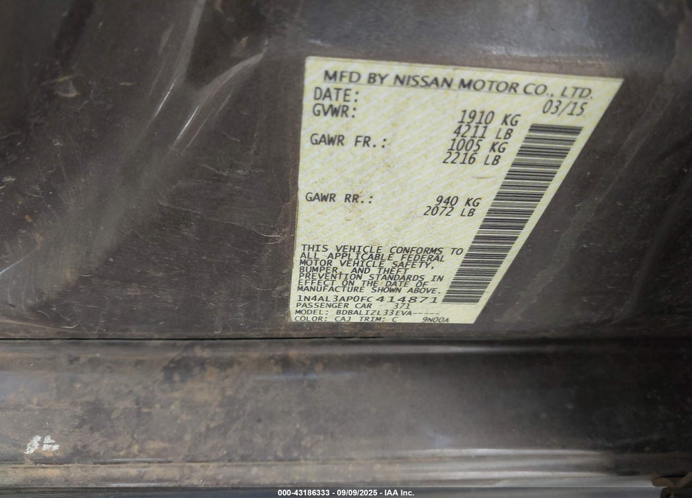 2015 NISSAN ALTIMA VIN: 1N4AL3AP0FC414871