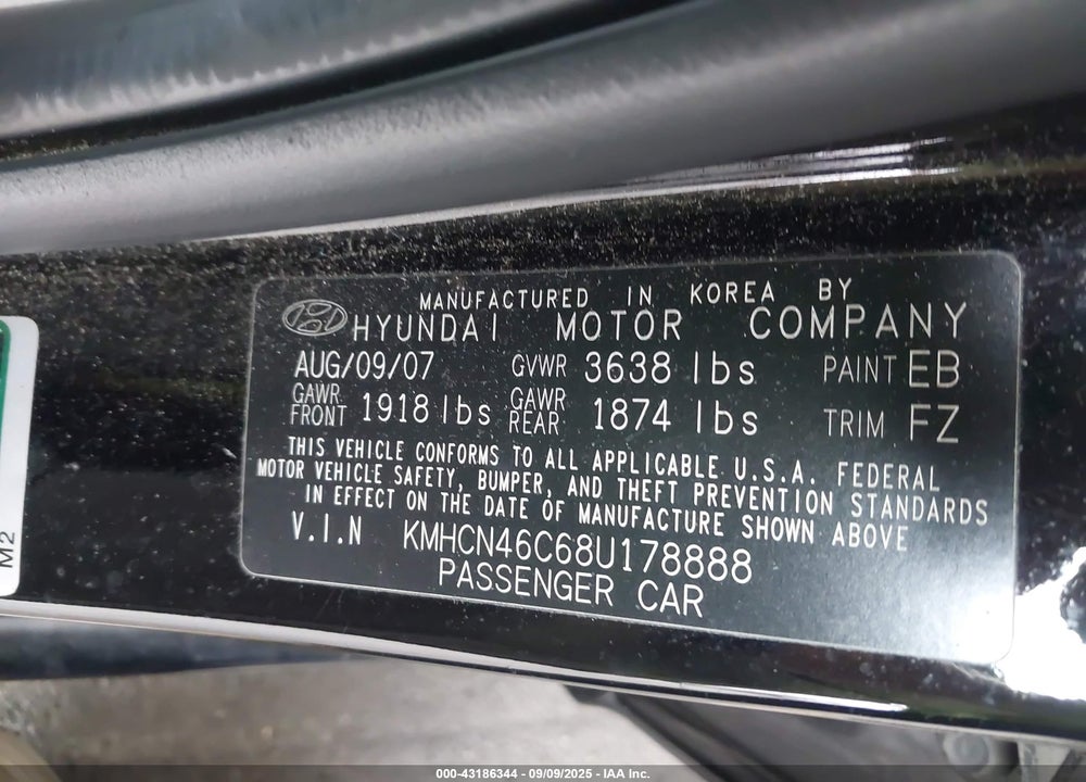 2008 HYUNDAI ACCENT GLS VIN: KMHCN46C68U178888