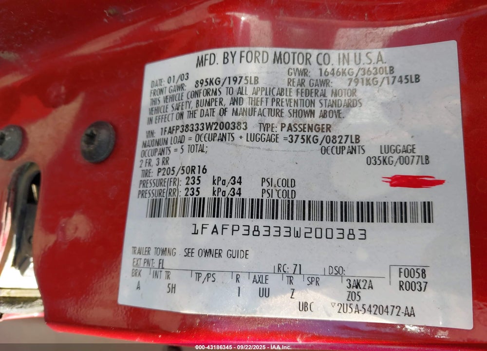 2003 FORD FOCUS ZTS VIN: 1FAFP38333W200383
