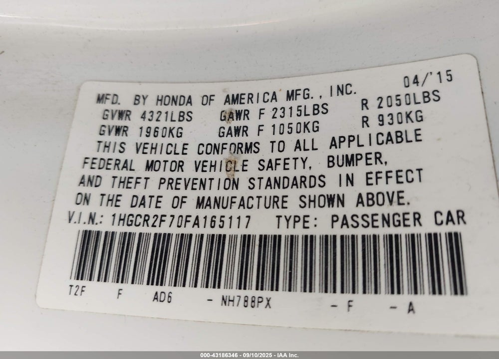 2015 HONDA ACCORD VIN: 1HGCR2F70FA165117