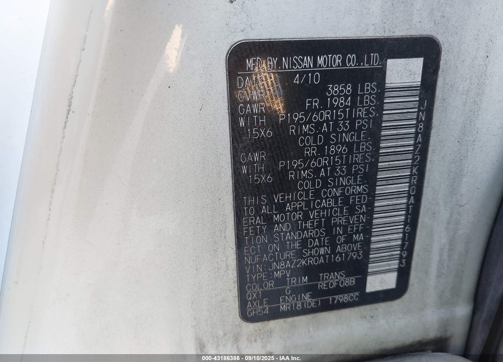 2010 NISSAN CUBE VIN: JN8AZ2KR0AT161793