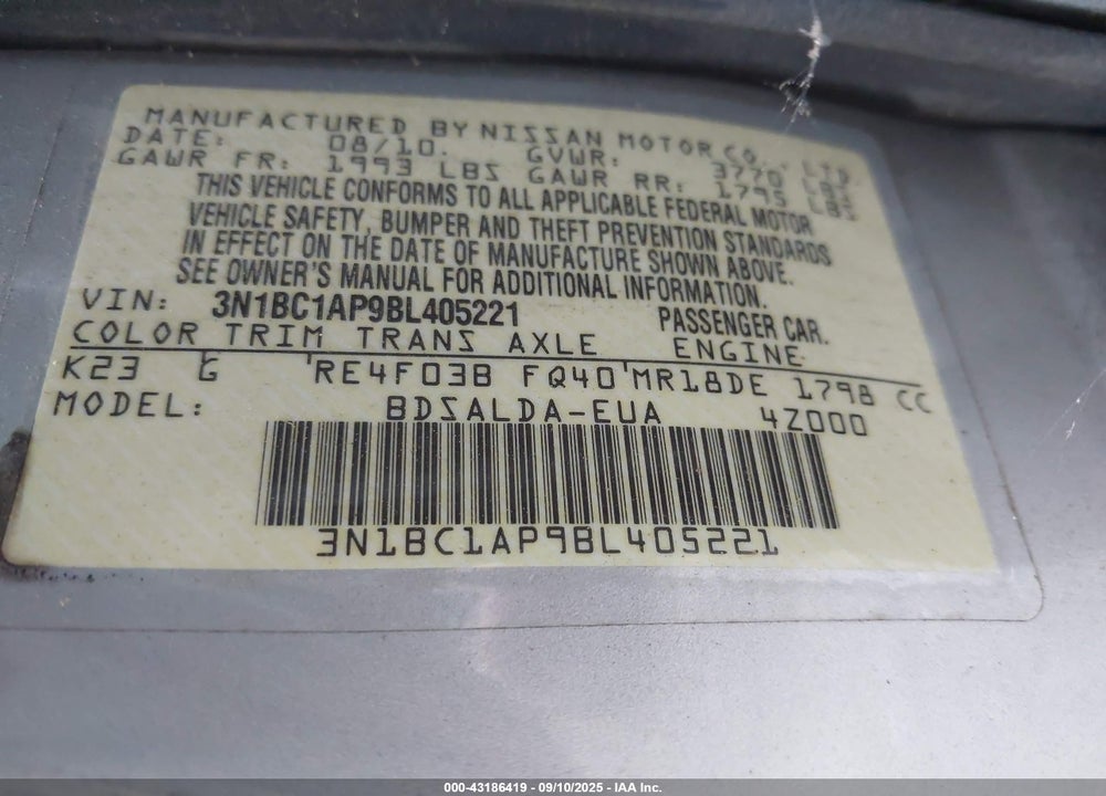 2011 NISSAN VERSA VIN: 3N1BC1AP9BL405221