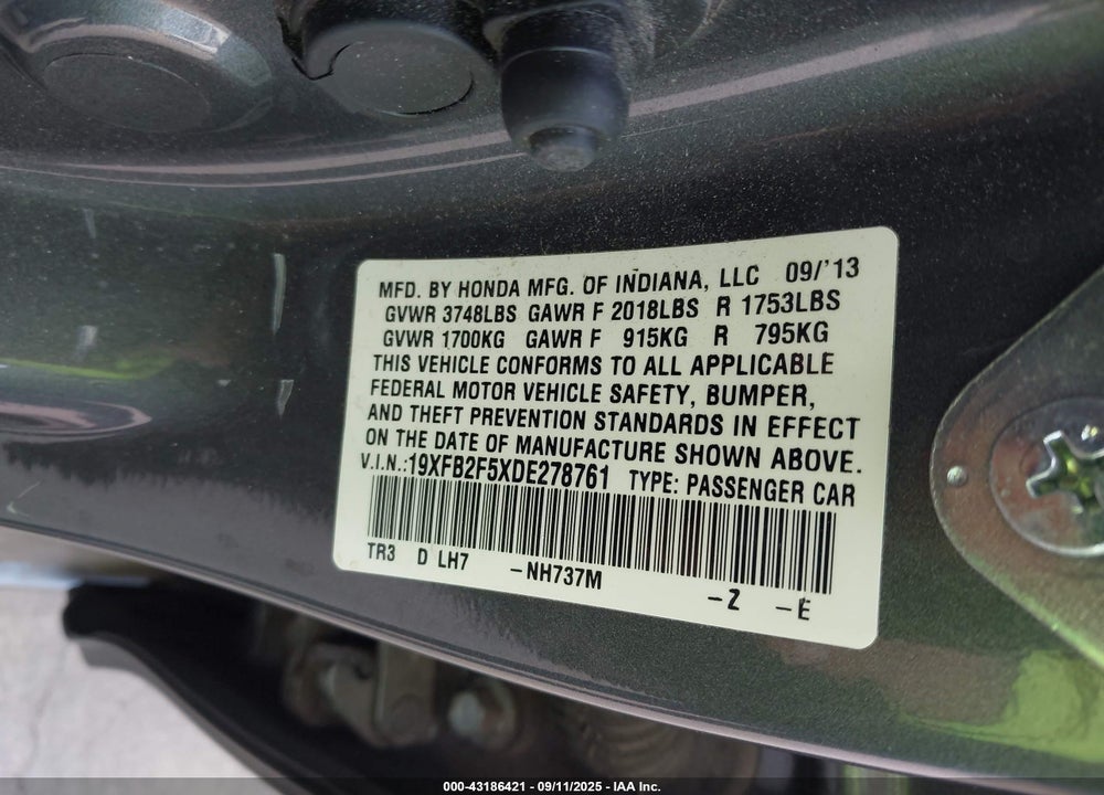 2013 HONDA CIVIC LX VIN: 19XFB2F5XDE278761