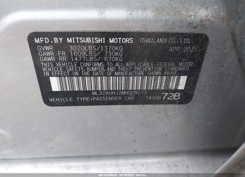2021 MITSUBISHI MIRAGE VIN: ML32AUHJ2MH009173