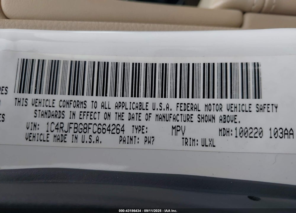 2015 JEEP GRAND CHEROKEE VIN: 1C4RJFBG8FC664264